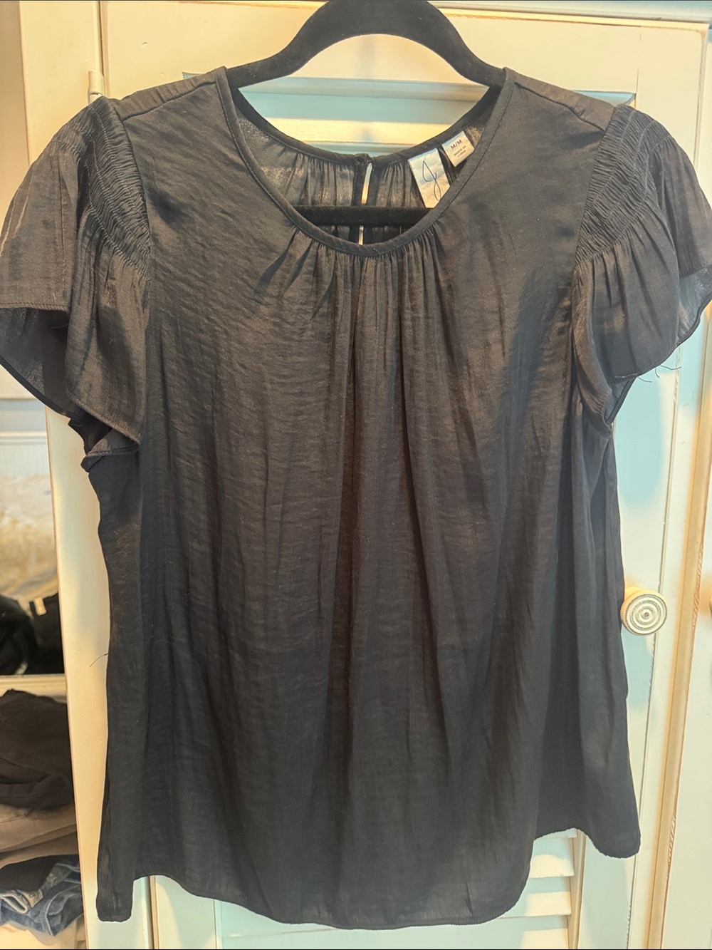 Joie Black Silky Washable Flutter Sleeve Gathered Yoke Blouse - Women